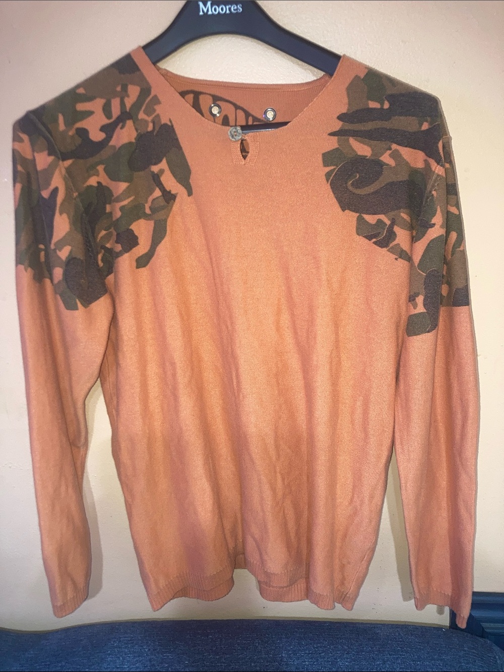 Jack Jones Rust Orange Crewneck Sweater with Olive Camo Shoulders